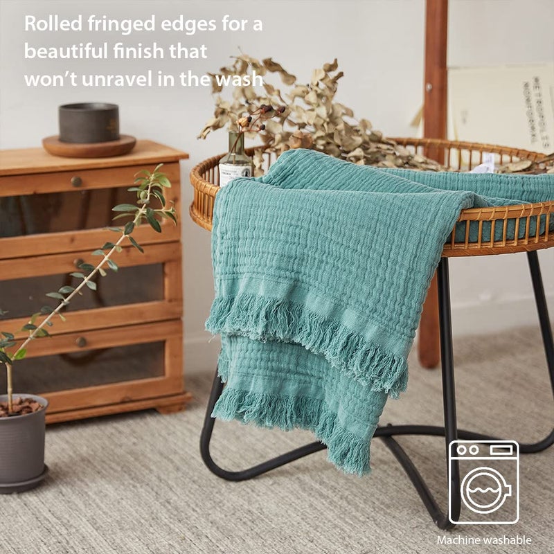 Simple&Opulence Cotton Muslin Throw Blanket for Bed, Couch, Knit Woven Gauze Blanket with Tassels, Soft Lightweight Cozy Pre-Washed Breathable Farmhouse Decoration for All-Season (Dark Green) - Image 4